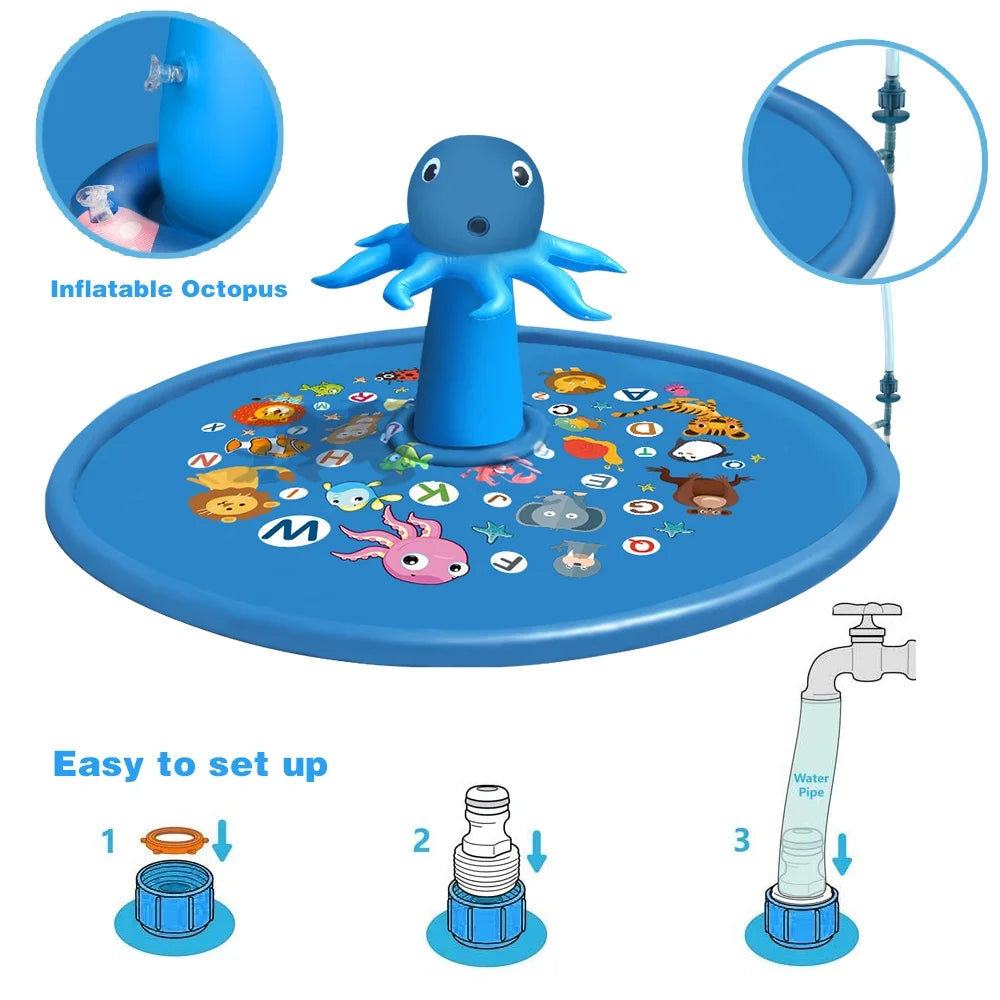 Inflatable Splash Pad Large 67" Kids Sprinkler Pool Octopus outside Toys for Toddler Baby 1-6 Years Old, Blue
