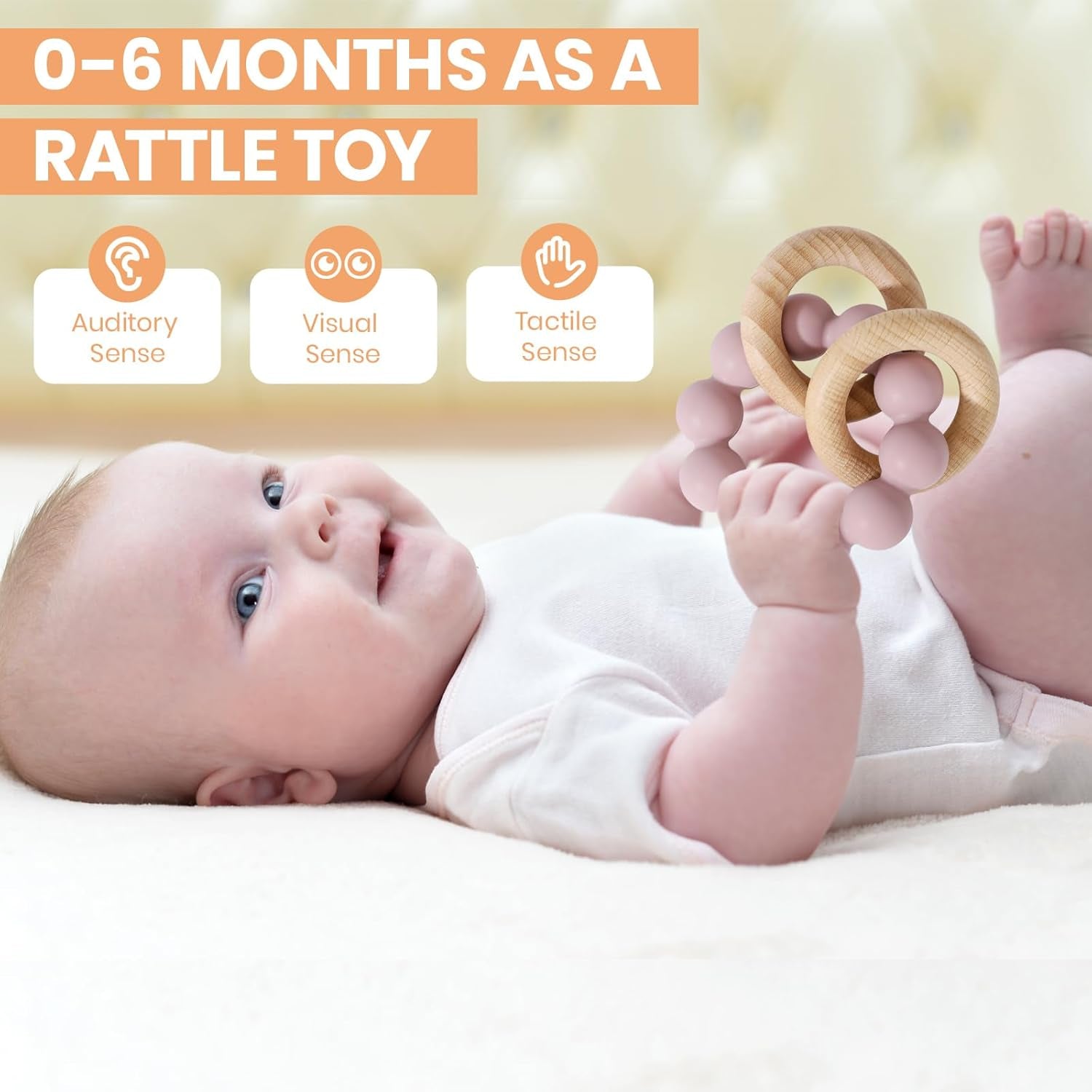 Baby Teething Toys for 0-6 6-12 Months- Bpa-Free Food-Grade Silicone & Natural Beech Wood Teether Ring for Newborn Infants Teething Relief- Easy-Grip Sensory Rattle Toys(Dusty Lilac)
