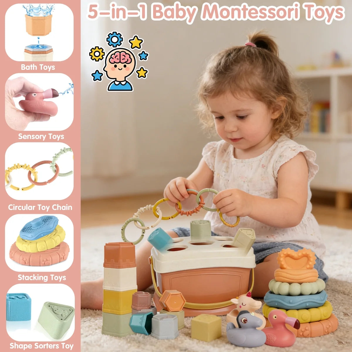 32PCS 6-12-18 Months Baby 5-In-1 Montessori Toys,Boys Girls 1-3 Outdoor Toy&Bath Toy&Stacking Toy,Educational Learning Toys,Toddler Birthday Gift