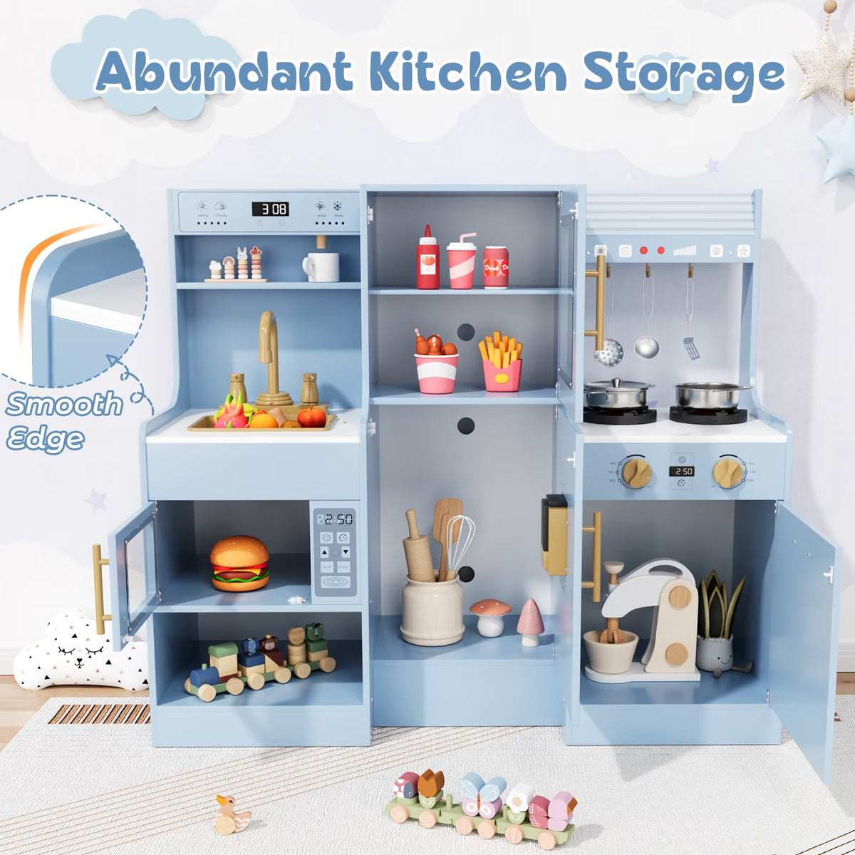 Kids Pretend Play Kitchen Set W/ Realistic Light & Sound, Wooden Kitchen Playset Interactive Toys for Toddler W/ Sink/Stove/Water Dispenser/6-Piece Kitchenware