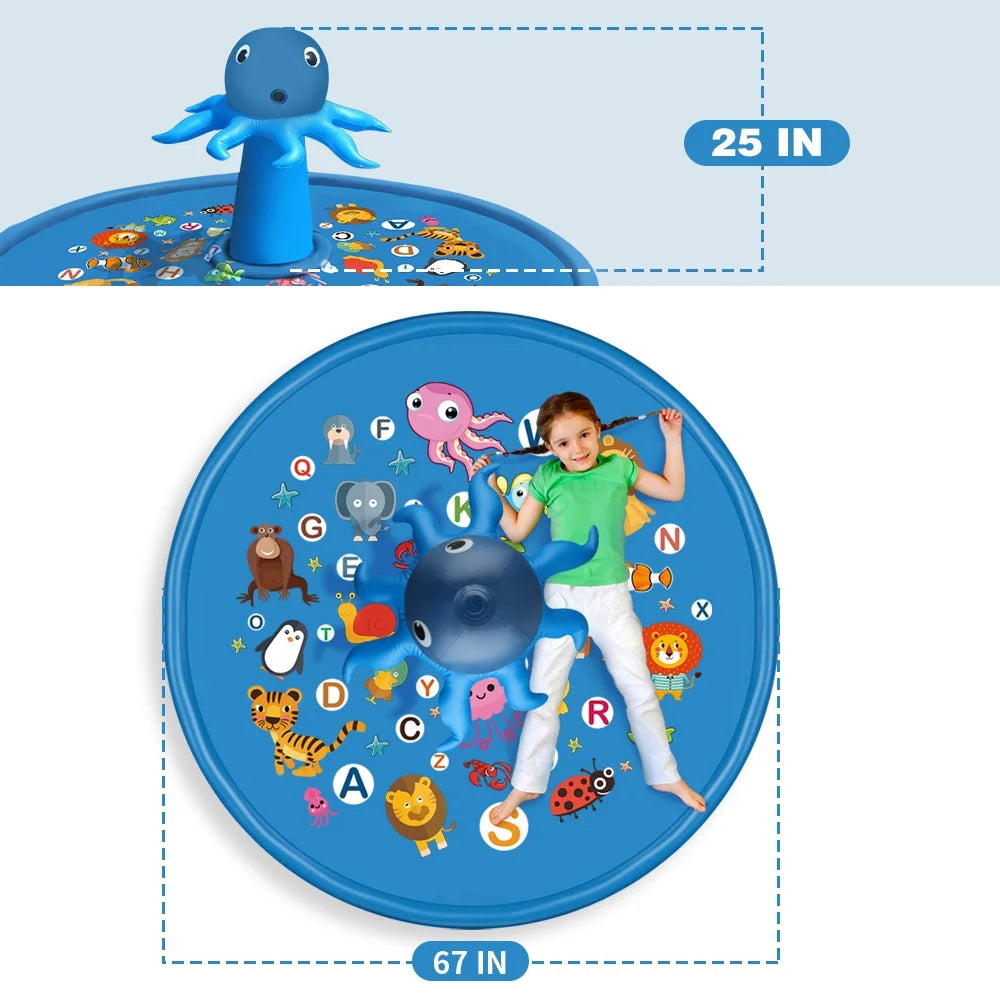 Inflatable Splash Pad Large 67" Kids Sprinkler Pool Octopus outside Toys for Toddler Baby 1-6 Years Old, Blue