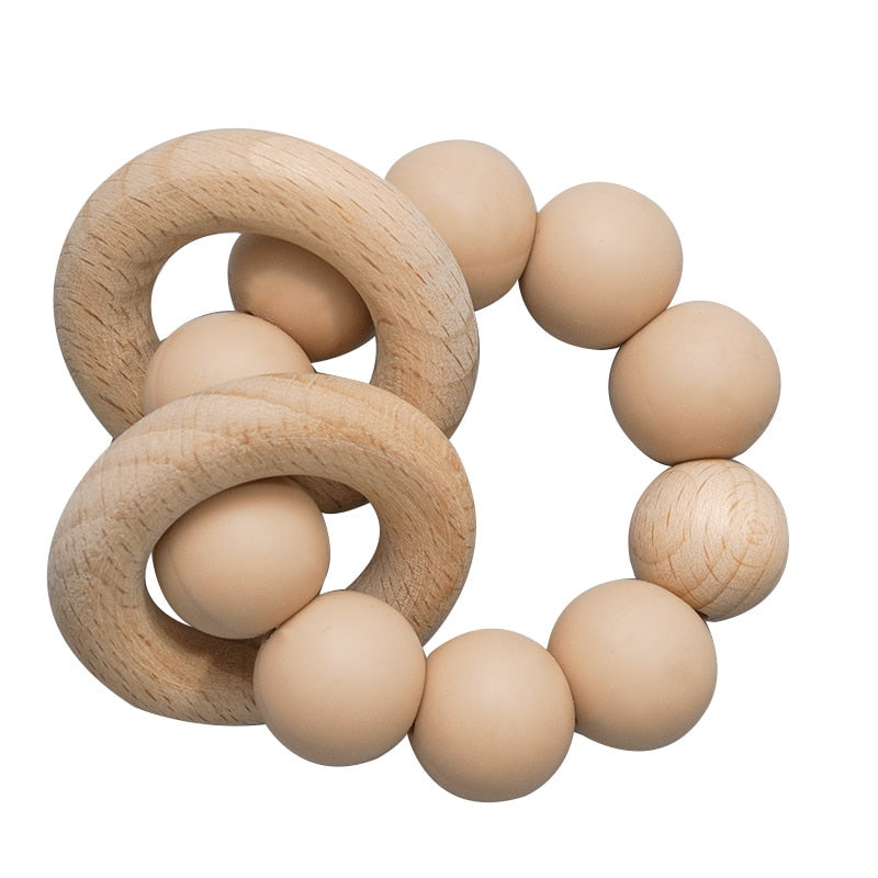 Teething Wood Rattles Toys Baby Nursing Bracelets Silicone Teether.